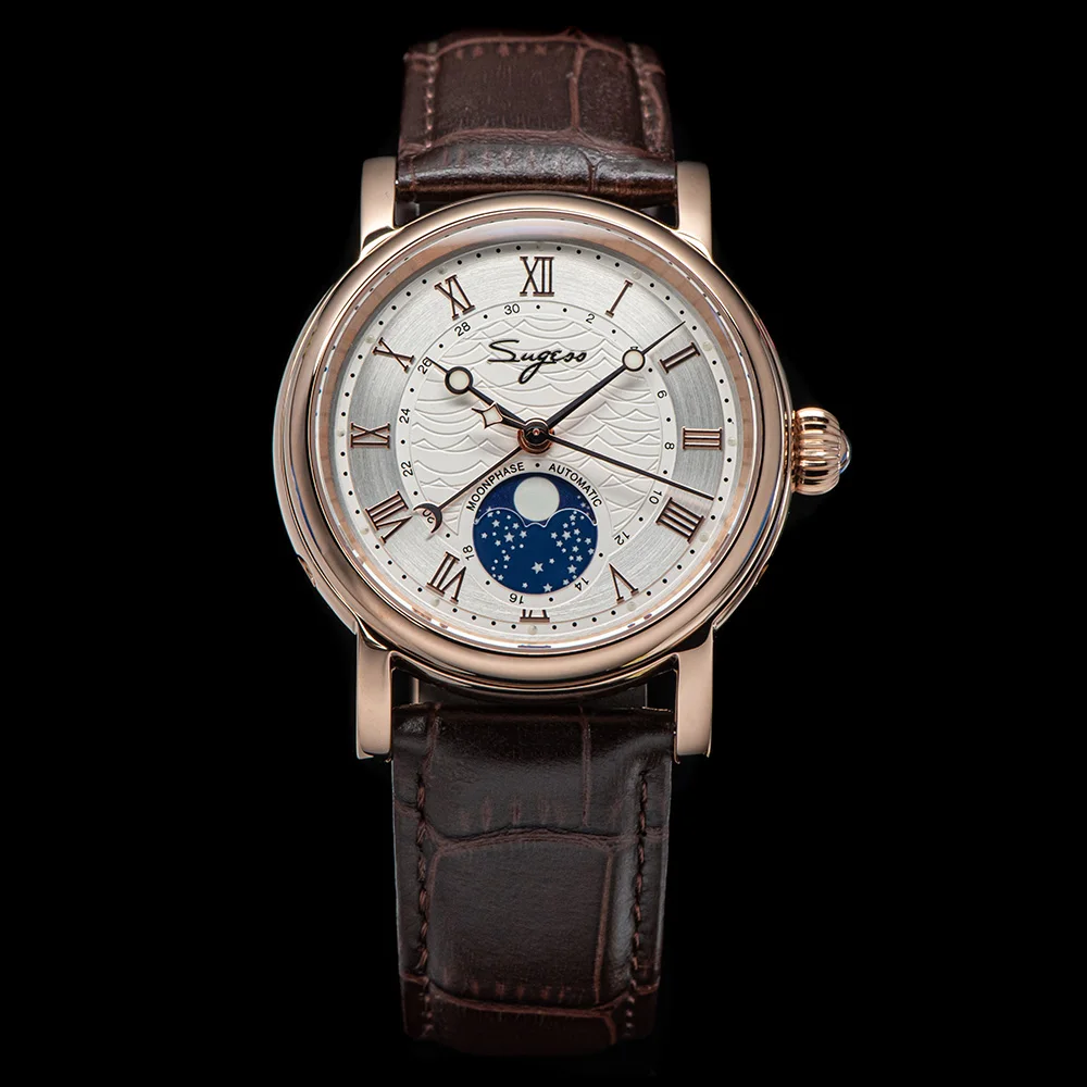 Montre Homme Sugess Phases De Lune Mécanique - Cadran Blanc, Boîtier Acier 40mm - Neuf Avec étiquettes