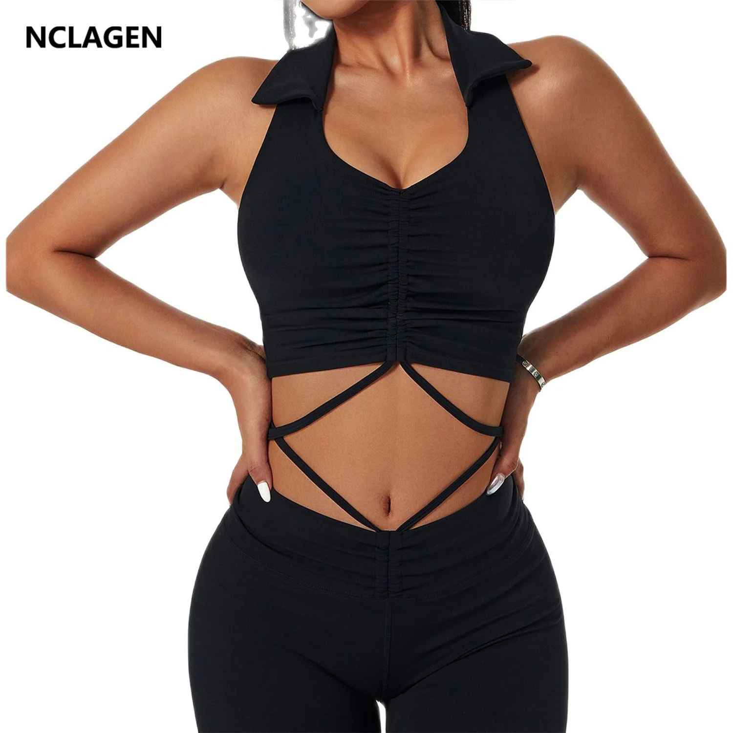 

NCLAGEN женский жилет для йоги со встроенным бюстгальтером Спортивное нижнее белье отложной воротник фитнес кроп-майка Топ пуш-ап нейлоновая блузка для спортзала йоги