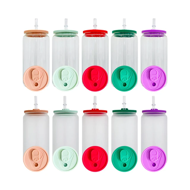 Clear Sublimation Glass Can (Plastic Colorful Lids) 16oz