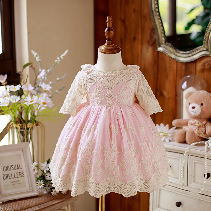 

2023 Flower Girl Lace Dress for Kids 2 Pcs with Hat Children Princess Midi Dresses for 1st Birthday Infant Elegant Ball Gowns