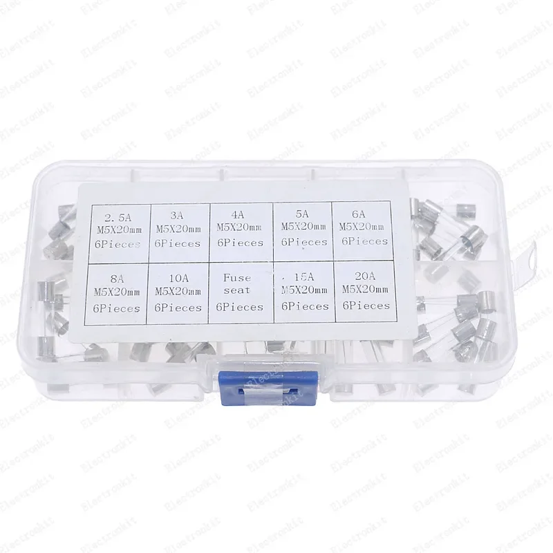 54pcs 5x20mm Fuse Assorted Kit Fast-Blow Glass Fuses 2.5A 3A 4A 5A 6A 8A 10A 15A 20AMP Quick Blow Car Glass Tube Fuses Set