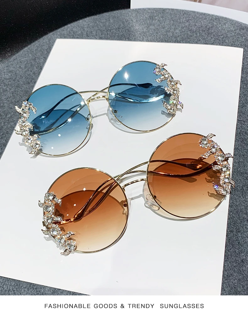 Neue randlose Diamant-Sonnenbrille mit Schliffkante, modische runde Strass-Sonnenbrille, Wellen-Design, Spiegelbein-Brille – Detail 1