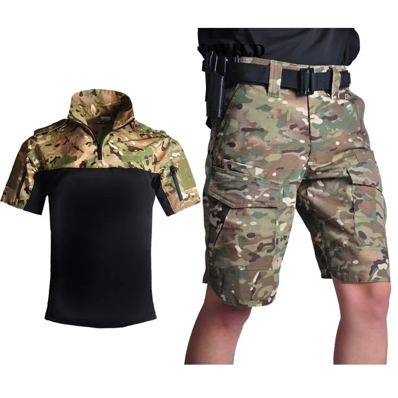 Men Cargo Shorts Camouflage Suits Summer Tactical Shirt Casual Short Pants+Shirts Army Clothing Camo Hiking sport shorts