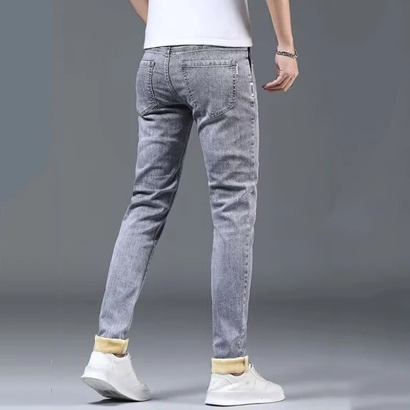 Men Fashion Versatile Gray Street Denim Pants Male Winter Thermal Hot Sale Jeans Youth Popular Narrow Leg Warm Plush Trousers 5