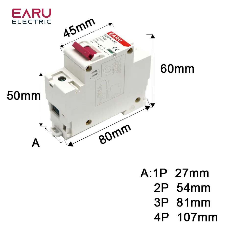 Mini disjuntor tipo DZ47 400V 1-4P 3-125A C, protetor de circuito de sobrecarga curta MCB, montagem do trilho do ruído de 35mm quebrando a capacidade 6KA