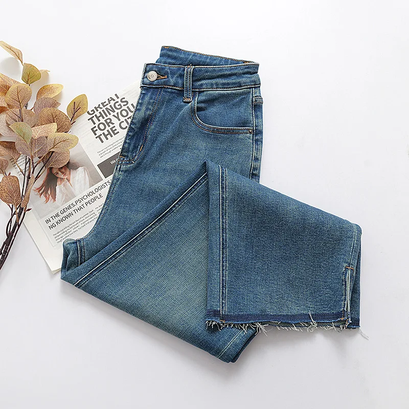 Fashion Plus Size Women's Jeans Autumn Quality Casual Stretch Denim Slit Leg Opening Fringed Straight Ankle-length Pants 115