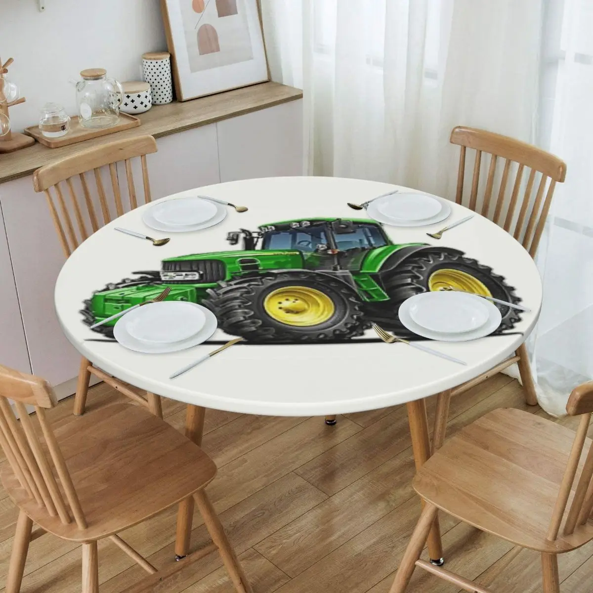 

Round Waterproof Tractor Table Cover Elastic Fitted Table Cloth Backed Edge Tablecloth for Picnic