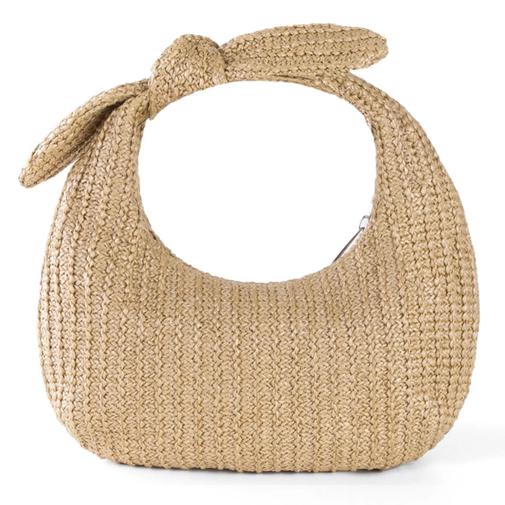 Sommer Stroh gewebte Clutch Geldbörse mit Bogen Frauen geknoteten Strand Knödel Handtasche 2024 neue Halbmond handgemachte Strick Bankett Tasche – Detail 5