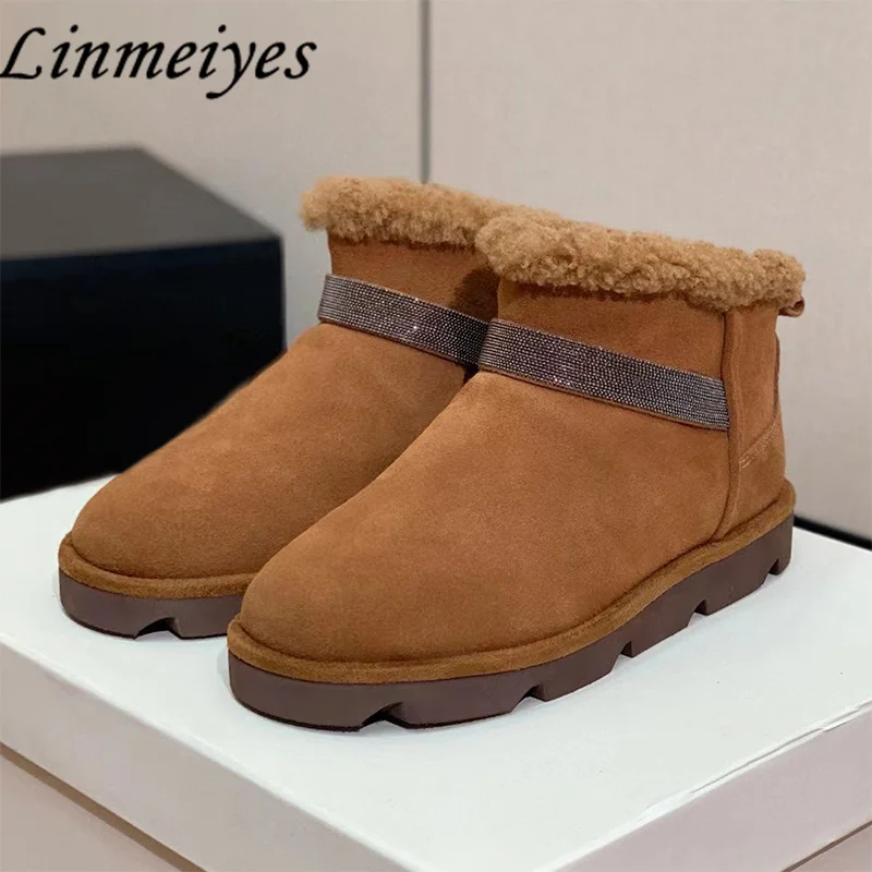 

Winter Flat Casual Snow Boots Women Round Toe Inside Wool Warm Ankle Boots Cow Suede String Bead Comfort Short Boots Woman