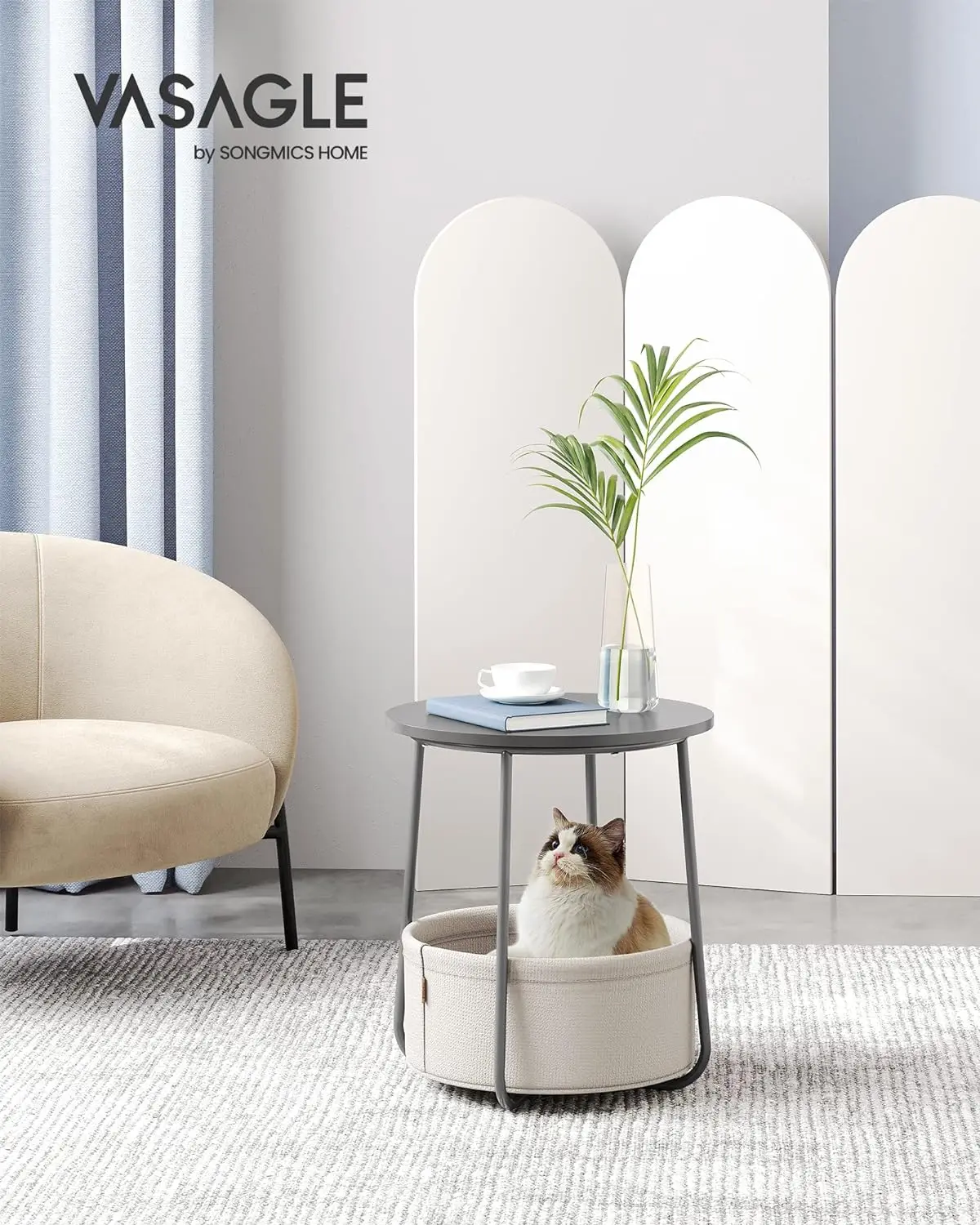 

Small Round Side End Table, Modern Nightstand with Fabric Basket, Dove Grey and Classic White LET223G49
