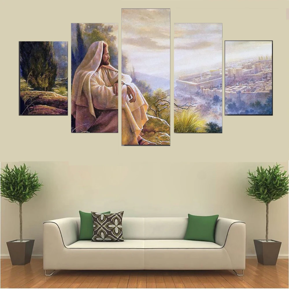 

Unframed 5 Panel God Jesus In Thought Christian Modern Canvas Posters Wall Art Picture Paintings for Living Room Home Decor