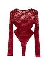 Foamlina American Women's Clothing Sexy Perspective Crochet Lace Bodysuit Women's Elastic Slim Inside Long-sleeved Top T-shirt - Image 6