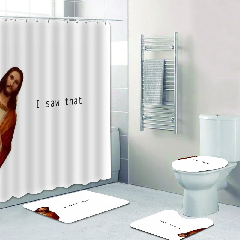 Funny Jesus Peeking Shower Curtain Set Joke Peek Jesus I Saw That