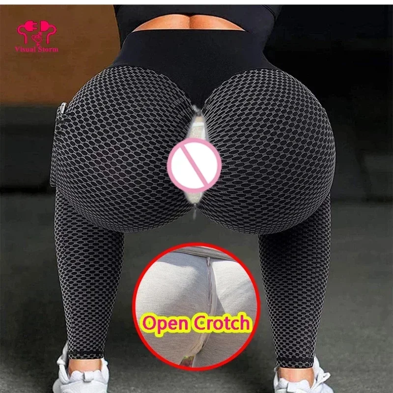 Women Yoga Leggings Double Hidden Zippers Mesh Shape Gym Panties Crotchless