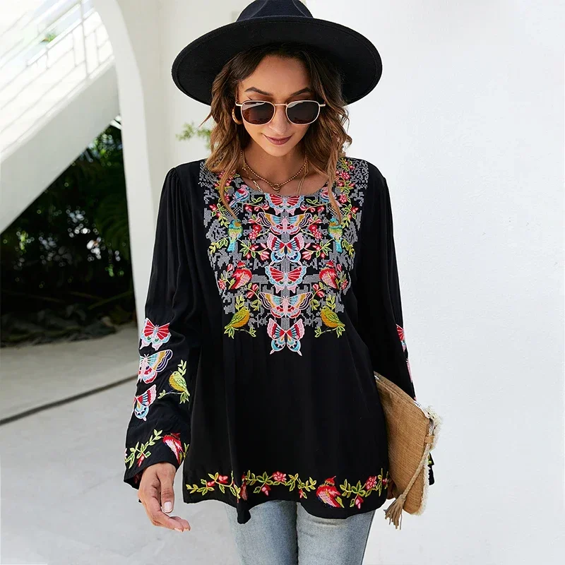 

Mexican Women's Embroidered Top Shirt Traditional Bohemian Style Hippie Clothing Long Sleeved Shirt Bohemian Shirt