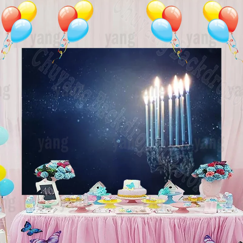 Happy Hanukkah Custom Black Backdrop Photocall Menorah Candelabra Candle Wood Dreidel Jewish Holiday Family Glitter Background
