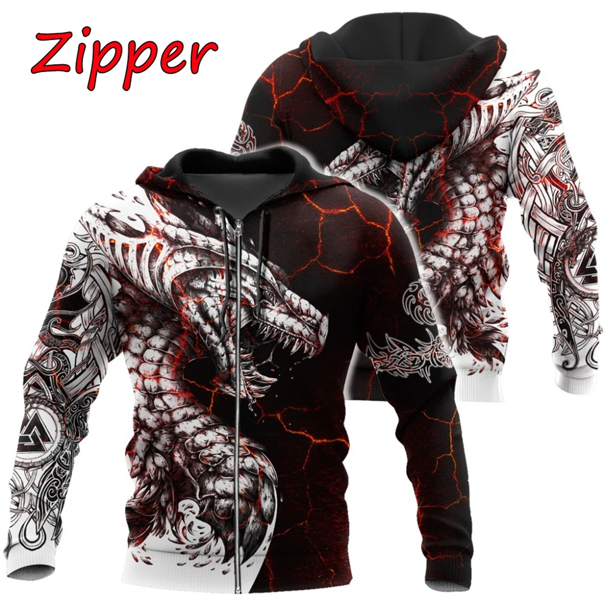 2024 New Black and White Tattoo Dragon 3D Printing Men's and Women's Top Hoodie Fashion Casual Men's Zipper