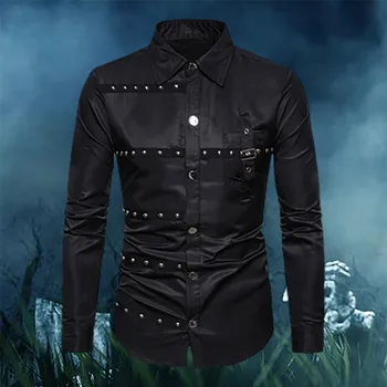 Gothic Studded Men Long Sleeve Shirt Halloween Medieval Belt Black Shirt Classic Vintage Party Performance Men'S Clothing 1