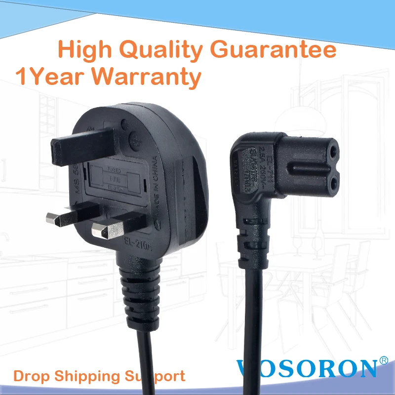UK British 3-Prong to Figure 8 C7 Right Angled AC Power Cord Cable Lead