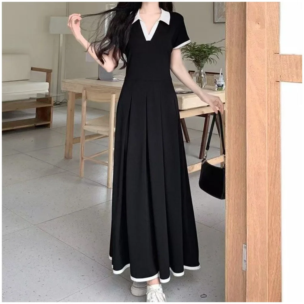 New In 2025 Summer Plus Size Short Sleeve Maternity Dress Loose Matching Patchwork Lady's Black Dress Korean Chic Elegant Dress