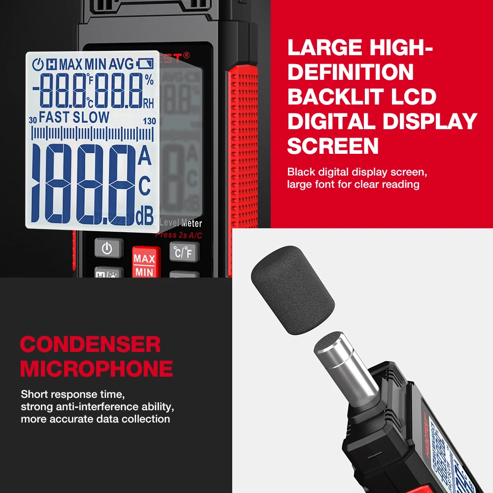 HABOTEST HT602 Sound Meter Audio Level Meter Sonometro Sound Meter Decibelimetro 30-130dB Decibel Meter Portable Noise Meter 4