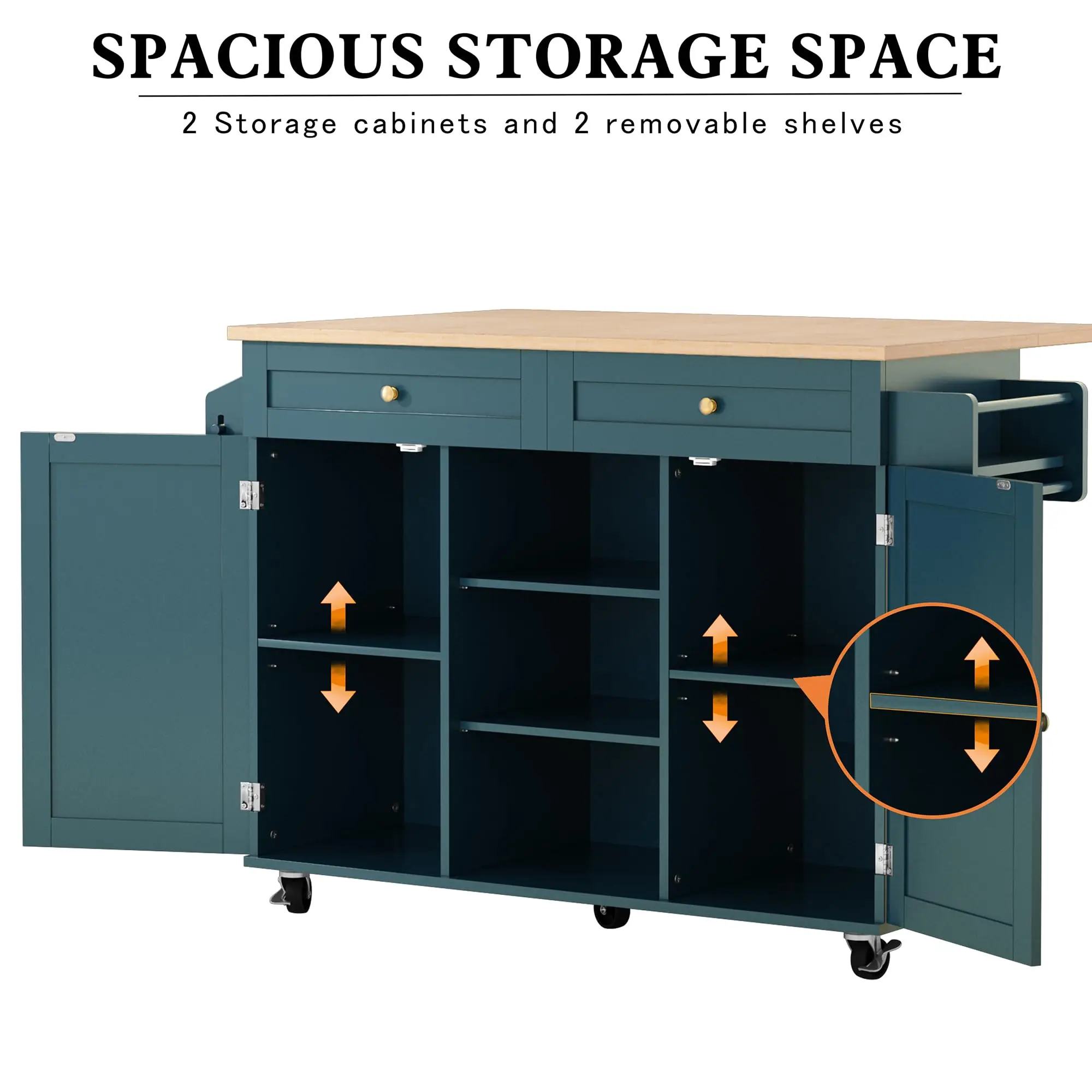 Rolling Kitchen Island Cart with Drop Leaf Countertop, Barn Door Kitchen Island Table with Storage Cabinet and Tower Rack