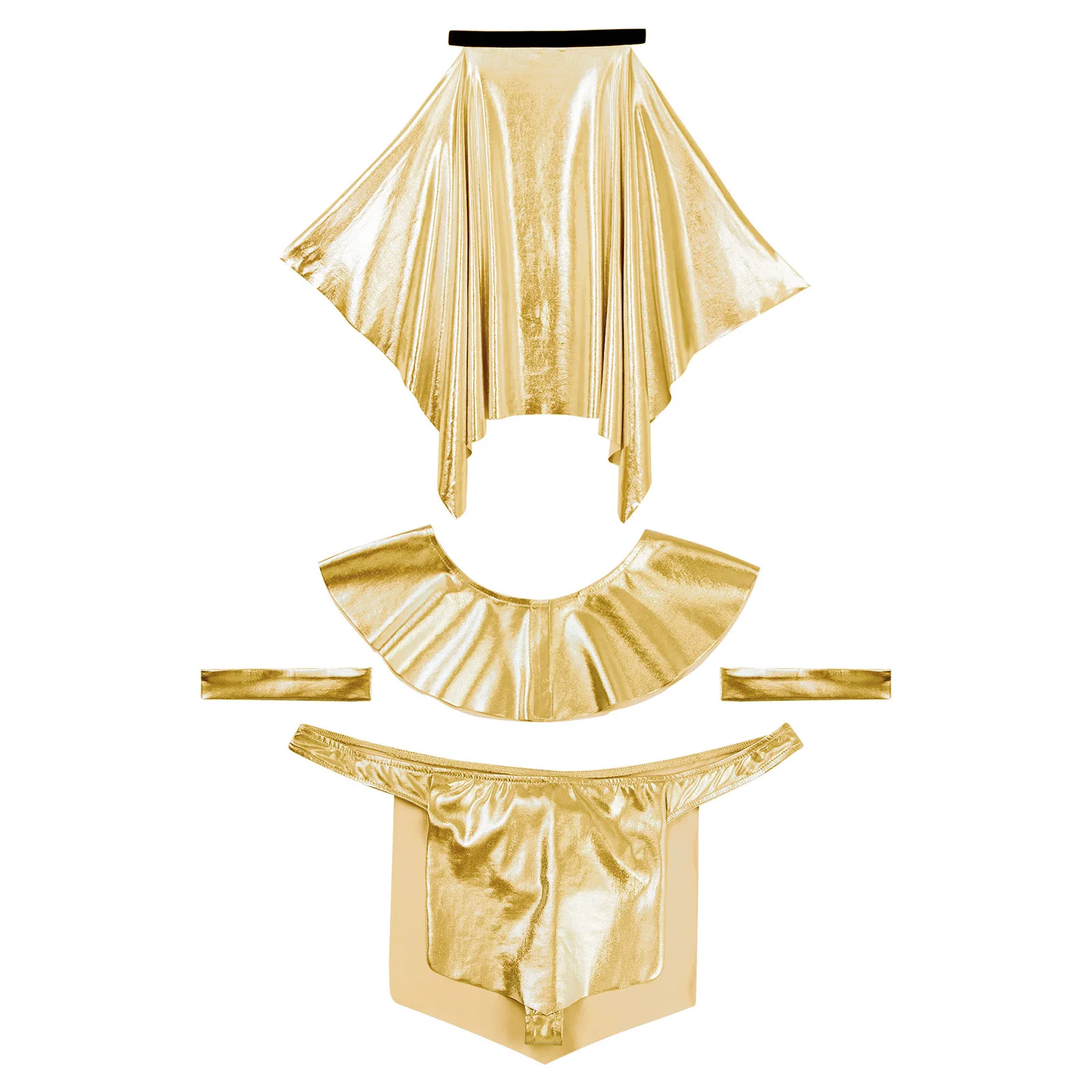 Mens Halloween Sexy Prince Cosplay Outfit Metallic Shiny Headpiece Collar Armbands Low Rise Bulge Pouch G-string Thong Underwear