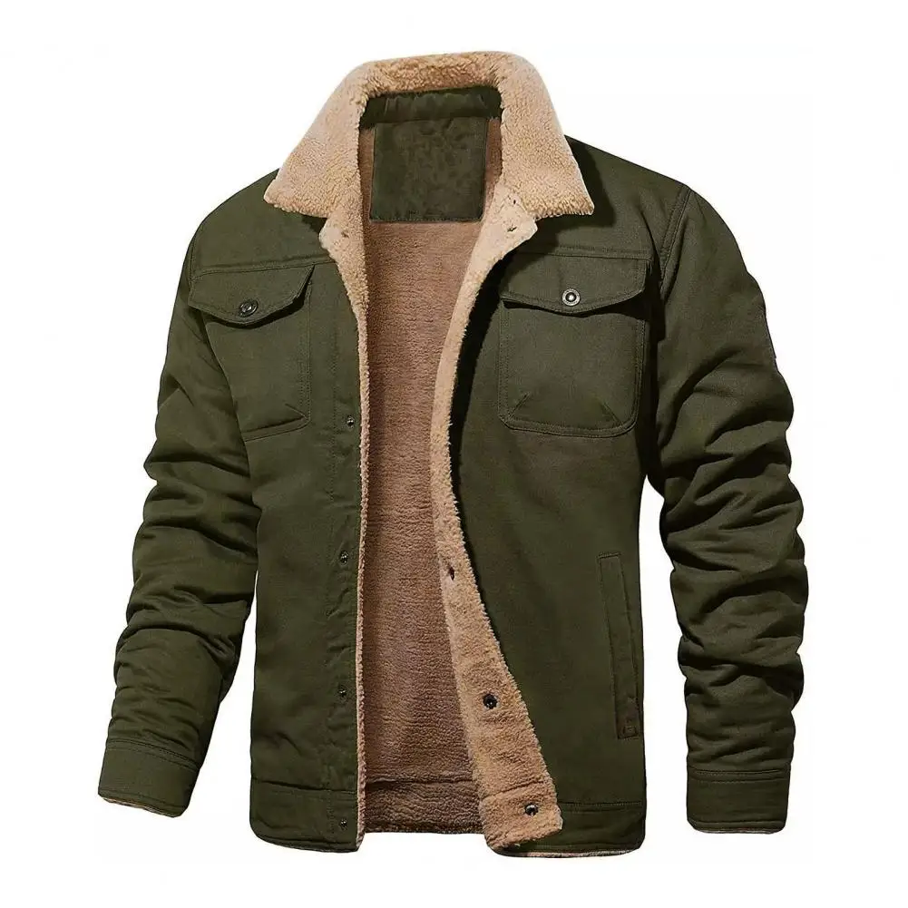 

Men Winter Jacket Thermal Plus Size Men's Mid Length Plush Cardigan Jacket Windproof Lapel Single-breasted Pockets Solid Color
