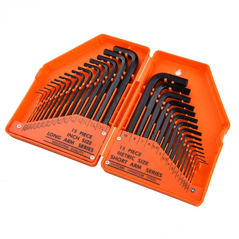 30Pcs Hex Key Allen Wrench Set SAE Metric 0.028-3/8 Inch 0.7-10mm Long Arm Cr-V Steel Hand Tool Kit for Repair and Maintenance