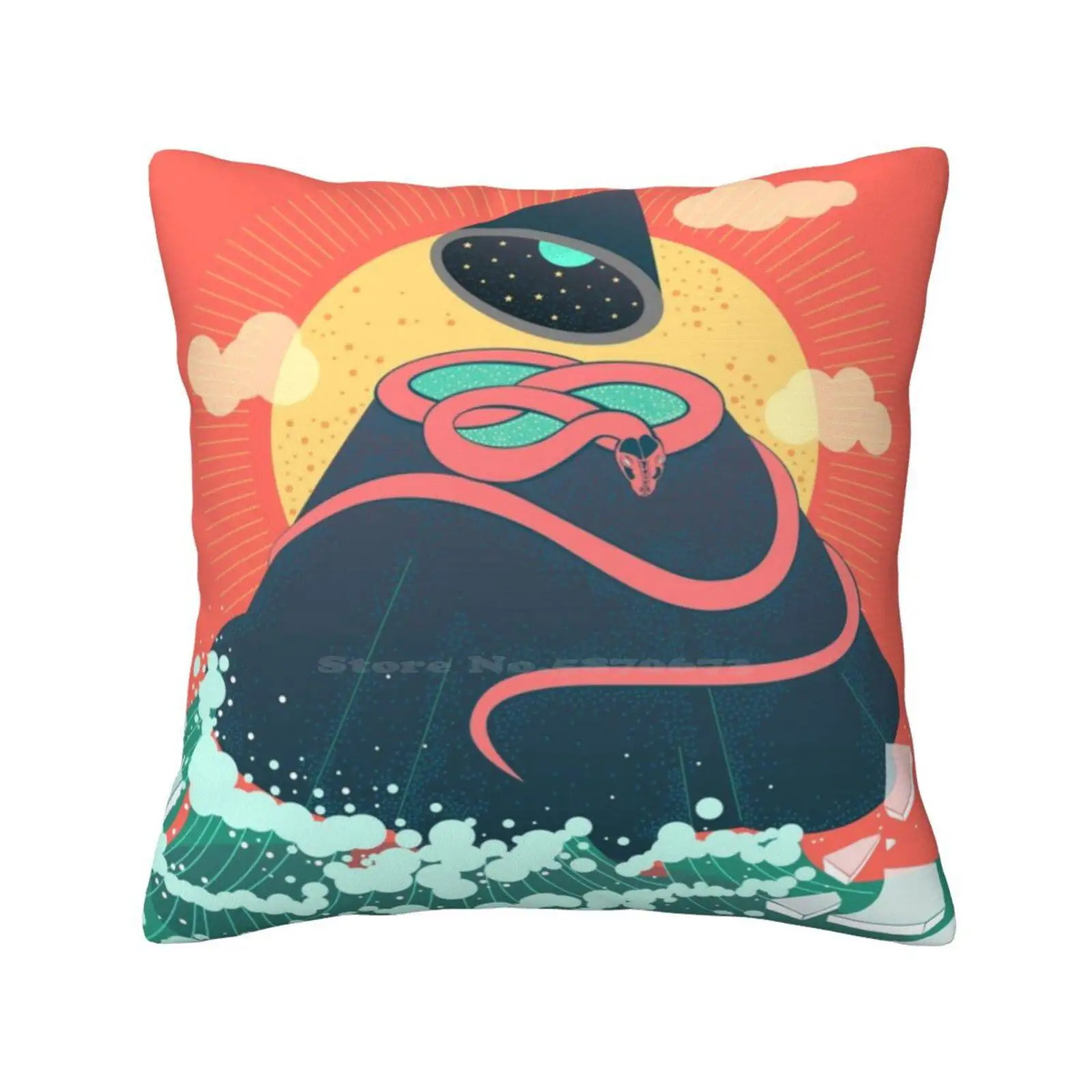 Snake On Crystal Mountain Pillow Cover Hug Federa Snake Mountain Japanese Folk Hokuzai Influenza Ice Age Red Sun Moon E