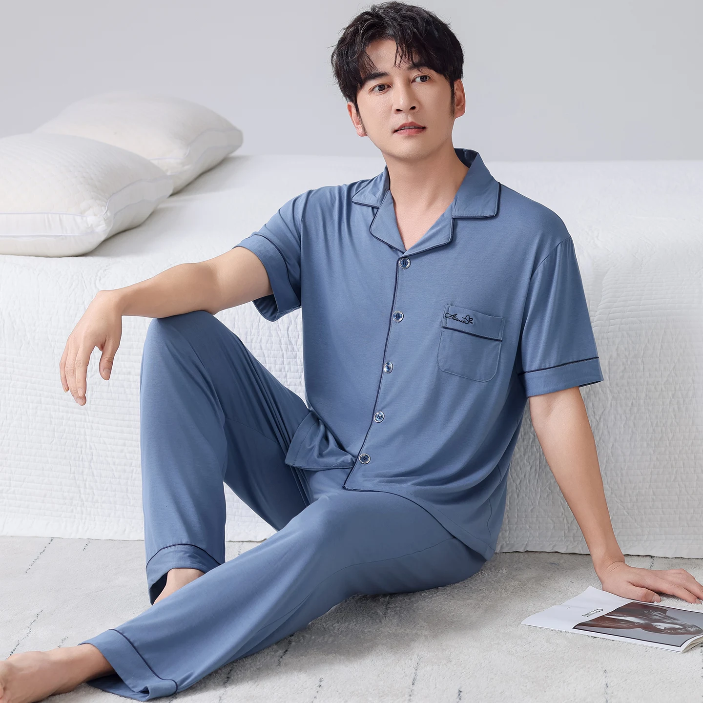 남성 카디건 파자마 세트 여름용 부드러운 모달 파자마 남성 홈웨어 반팔 상의 + 긴 바지 2종 세트 잠옷
