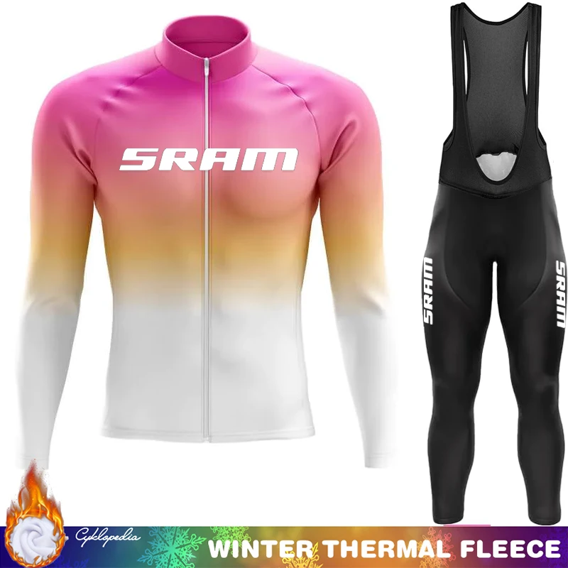 SRAM Cycling Jersey Men Winter Thermal Fleece Clothing Man Set Long Sleeve Outfit Sportswear Triathlon Bib Retro Jumper Mtb