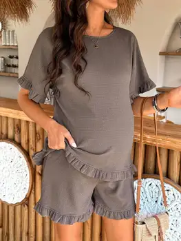 2pcs Maternity Brown Summer Casual Short Sleeve Top And Adjustable Waist Shorts Set