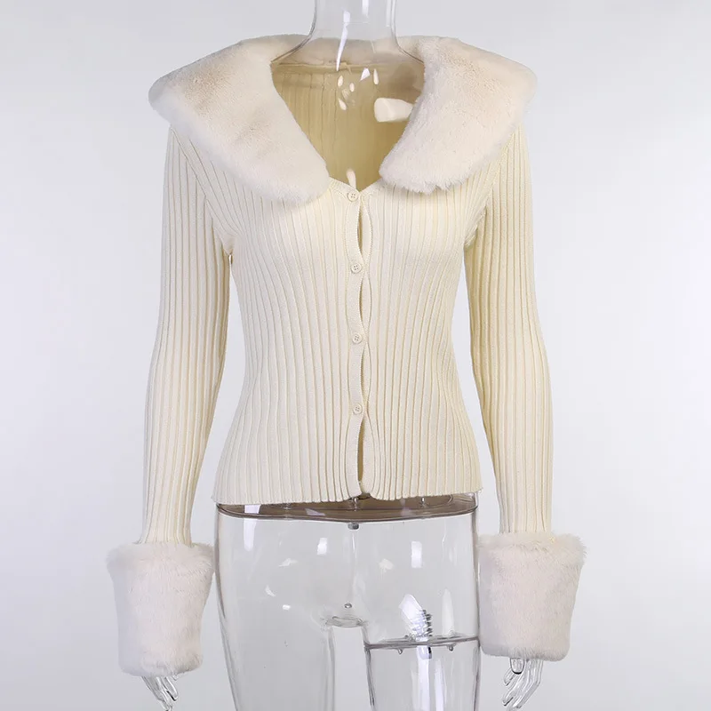 White Knitted Cardigan WIth Faux Fur Collar Long Sleeve Button Up Cropped  Cardigan Fashion Winter Knitwear Jacket Coat - AliExpress