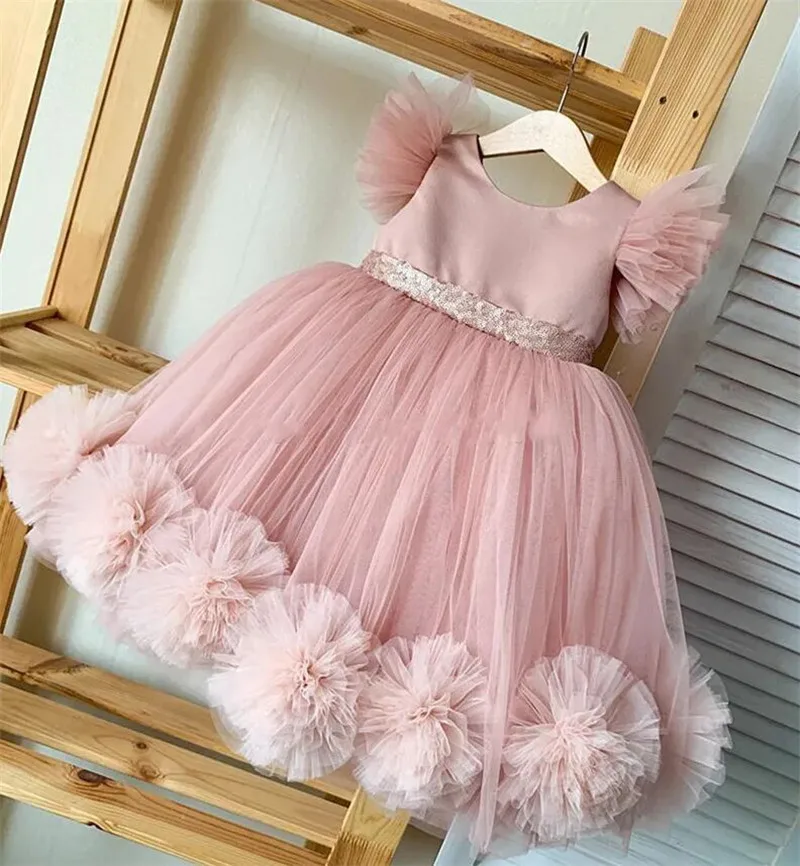 

Lovely Pink Baby Girls Gowns With Sequins Tulle Flower Girl Dresses Baby Infant First Birthday Party Gown 12M 18M 24M