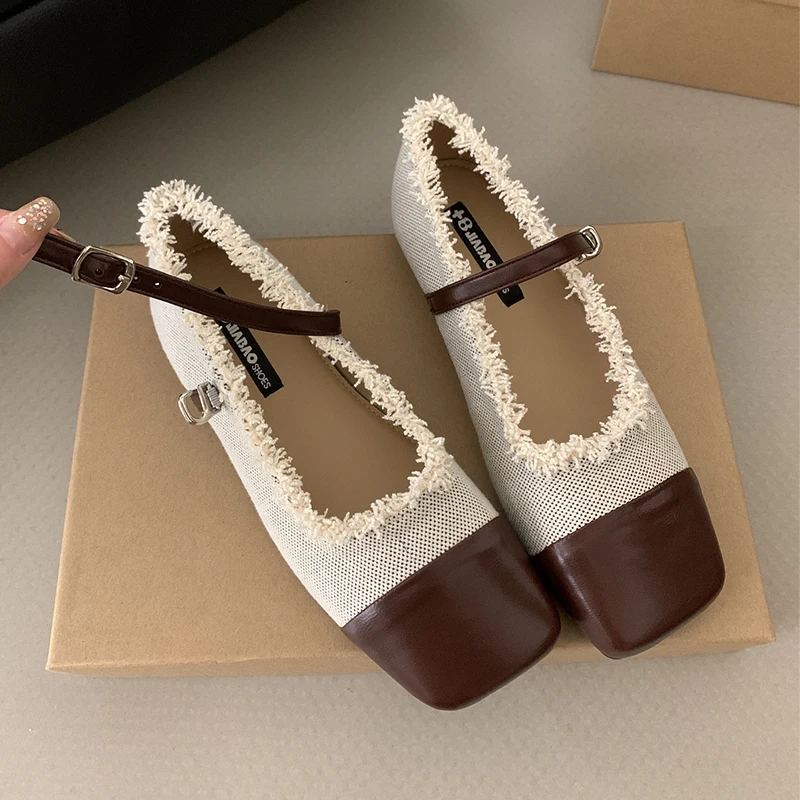 Fashion Breathable Ballet Falts Shoes Round Toe Buckle Strap Women's Pumps Printing Mary Jane Women Slippers Genuine Leather