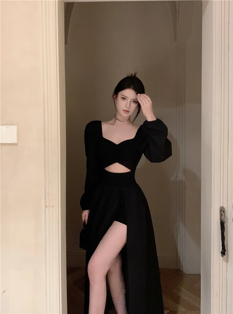 Elegant Black Long Dresses for Women Long Sleeve Square Collar Hollow Out High Slit Evening Party Dress Prom Robe Vestidos Mujer