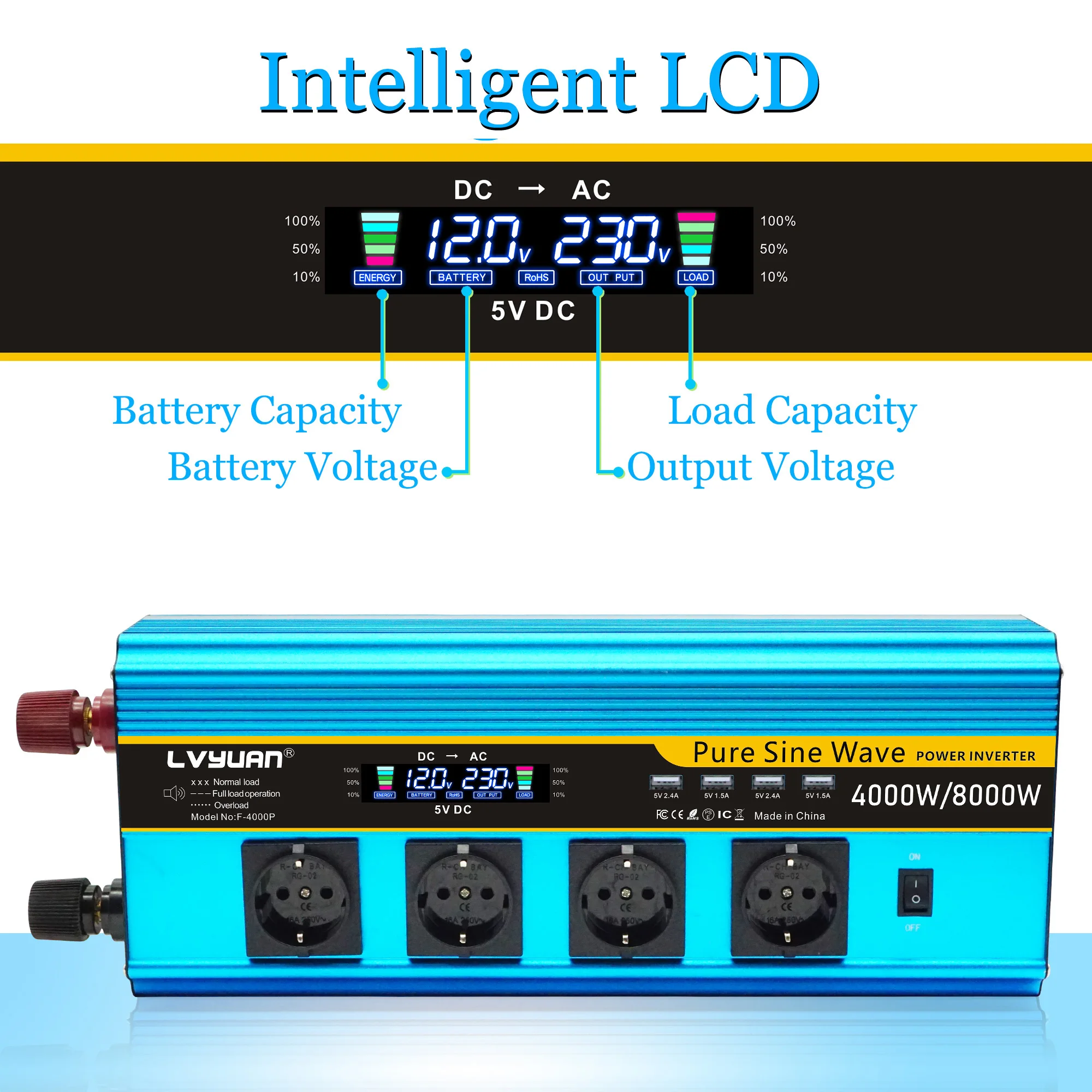 LVYUAN Power Inverter 1000W Inverter 12V to 110V DC to AC DC 12V Inverter  with LCD Display, 4 AC Sockets, Dual USB Charge Ports for Car, Outdoor