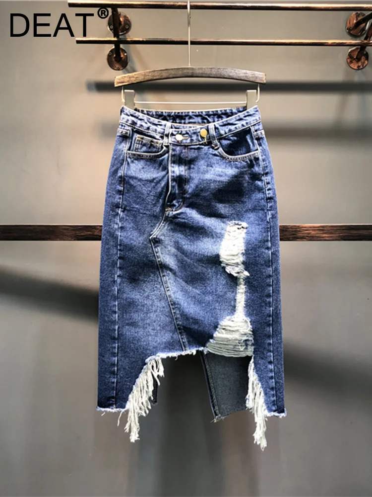 

Trend Burrs Tassel Hole Denim Skirt Women's High Waist Hem Split Irregular A-line Hip Wrap Skirts 2023 Spring New 11XX0849