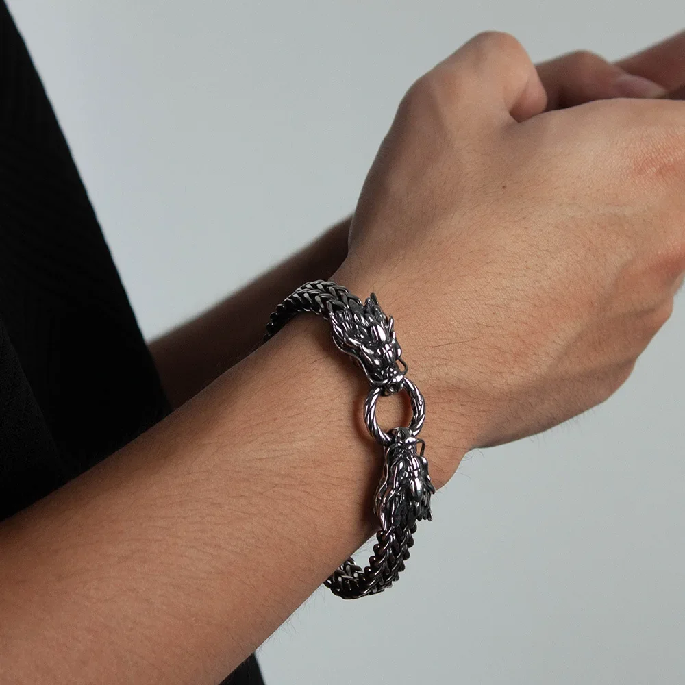 CHUANGCHENG Dragon Bracelet Viking Silver Stainless Steel Woven Mesh Chain Cuff Bracelet for Men's Fashion Punk Jewelry