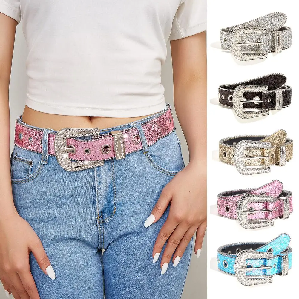 

Fashion Women Belt Sparkling Rhinestone Decoration PU Leather Buckle Best Matching Dress Jeans Belts For Lady 5 Color W9Q0