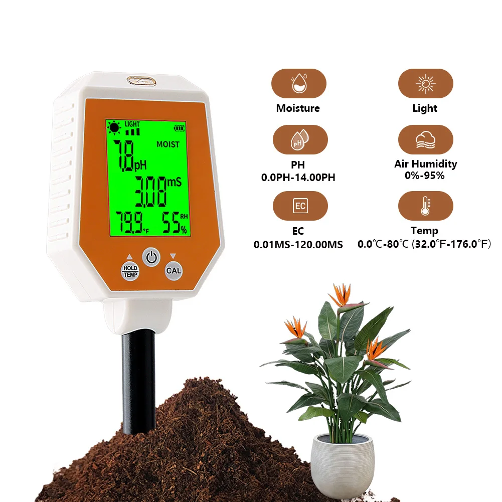 Soil Meter Digital pH Moisture Fertility Light Temp Humidity Analyzer for Garden