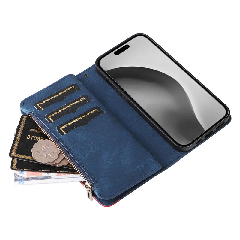 Luxury Zipper Leather Wallet Case with Card Holder and Lanyard
