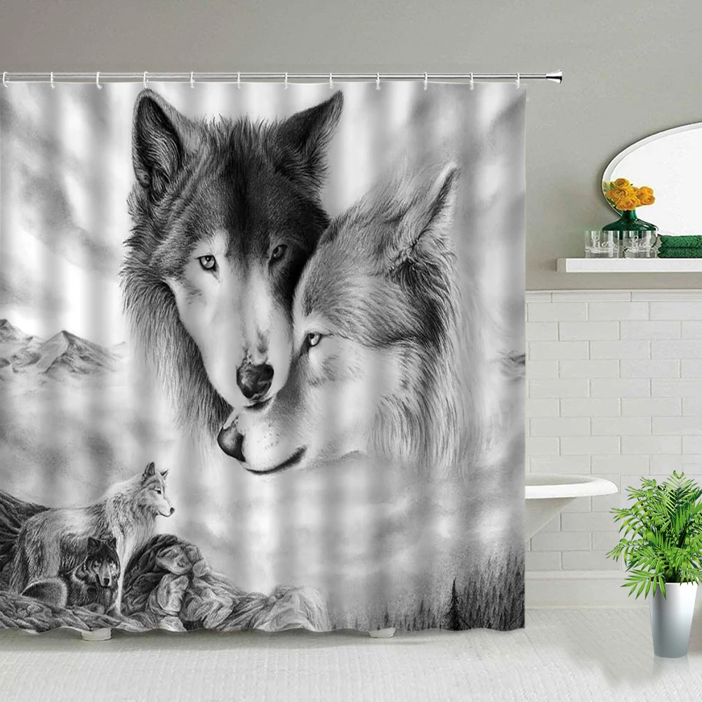 

Wolf Couple Print Shower Curtain Animal Beast Bathroom Decor Waterproof Polyester Fabric Bathtub Partition Cloth Curtains Set