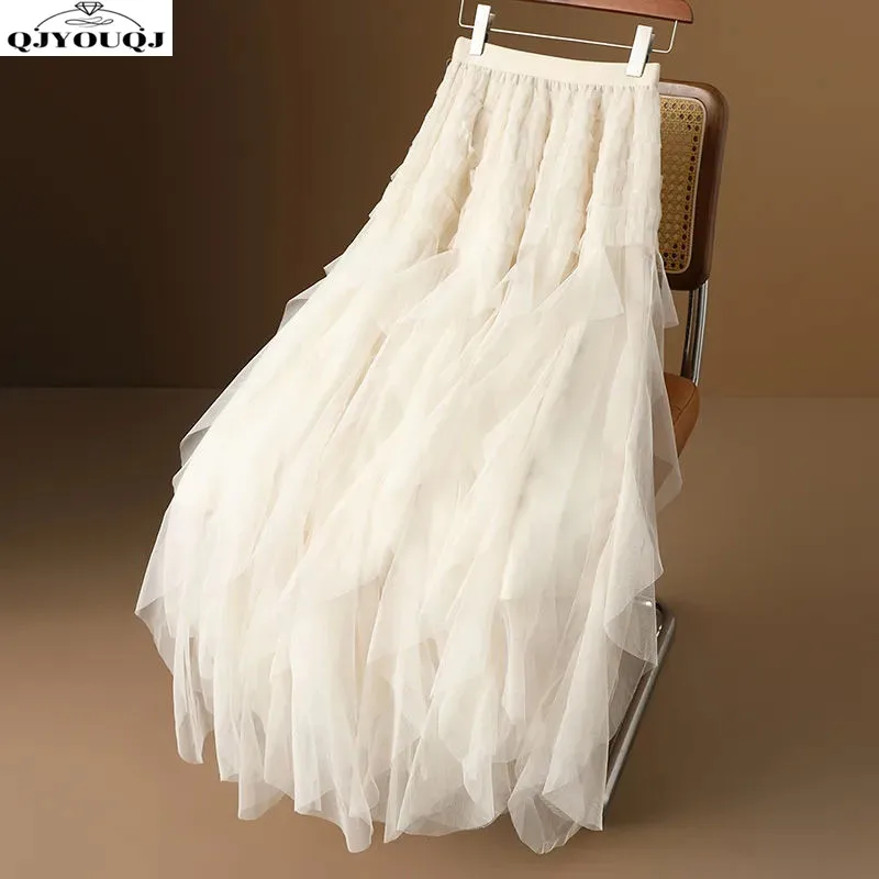 

2024 Spring/Summer Korean Edition New Irregular Mesh Cake Skirt with 100 Pleats Fashion Slim Fit Half Skirt