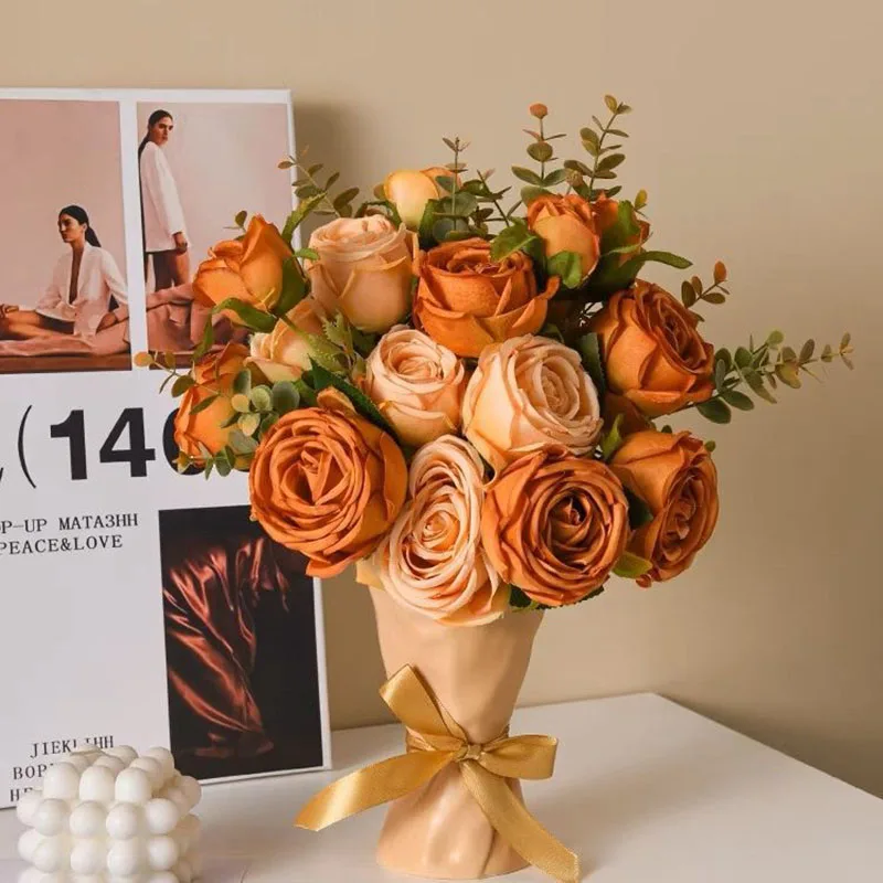 

3 Heads Artificial Flowers Rose Silk Fake Flower Branch Christmas Decorations Vase Home Wedding Decorative Simulation Flowers