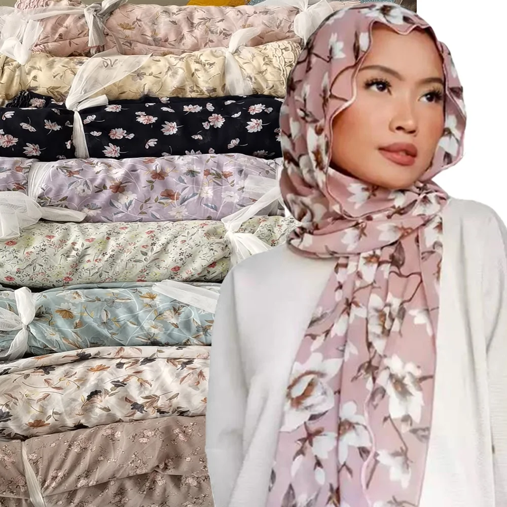 

Print Floral Chiffon Hijab Long Scarf Headscarf Shawls Wraps Flower Foulard Veil khimar 4 Side 180X70CM Head Wrap for Women