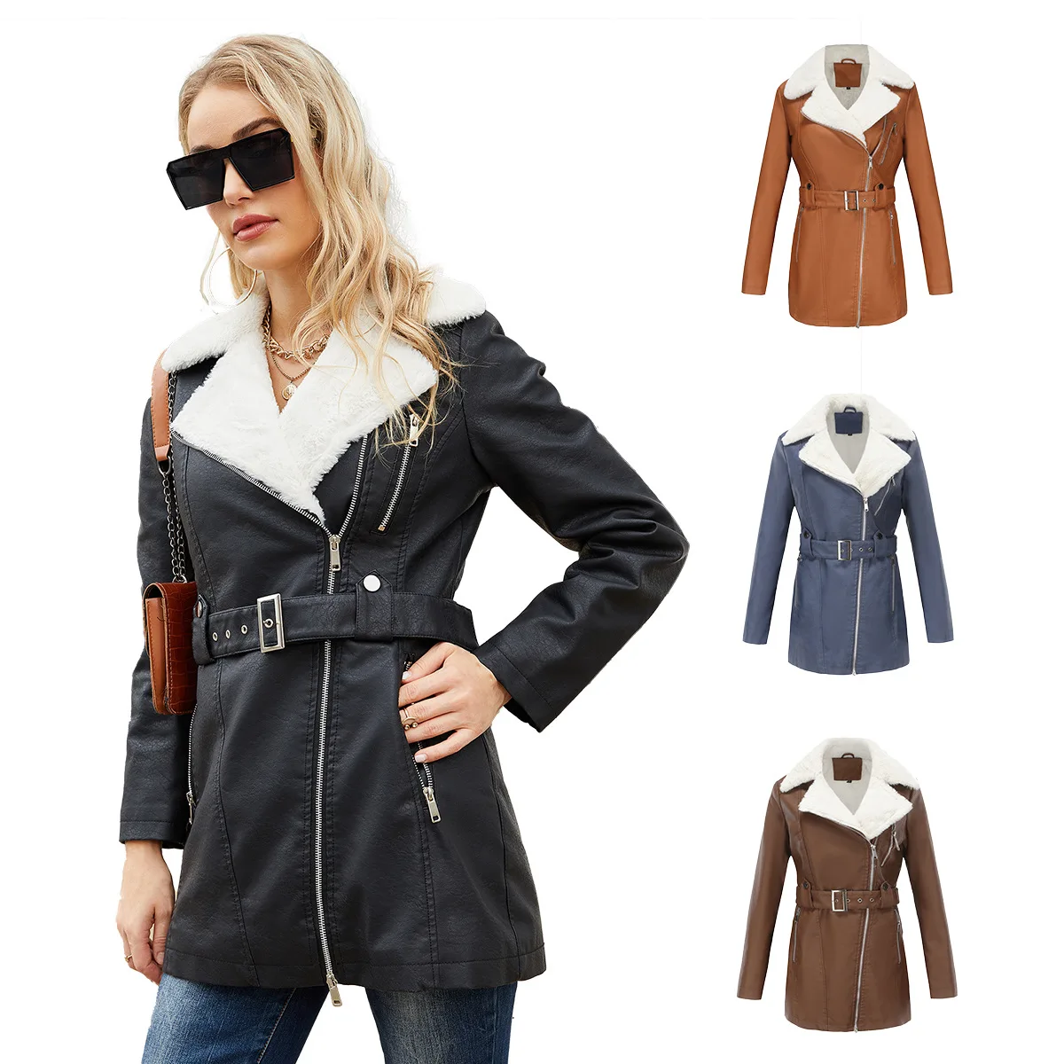 23 Autumn/Winter New Long Sleeve Plush PU Leather Coat Women's Polo Collar Double Head Zipper with Belt Warm Coat