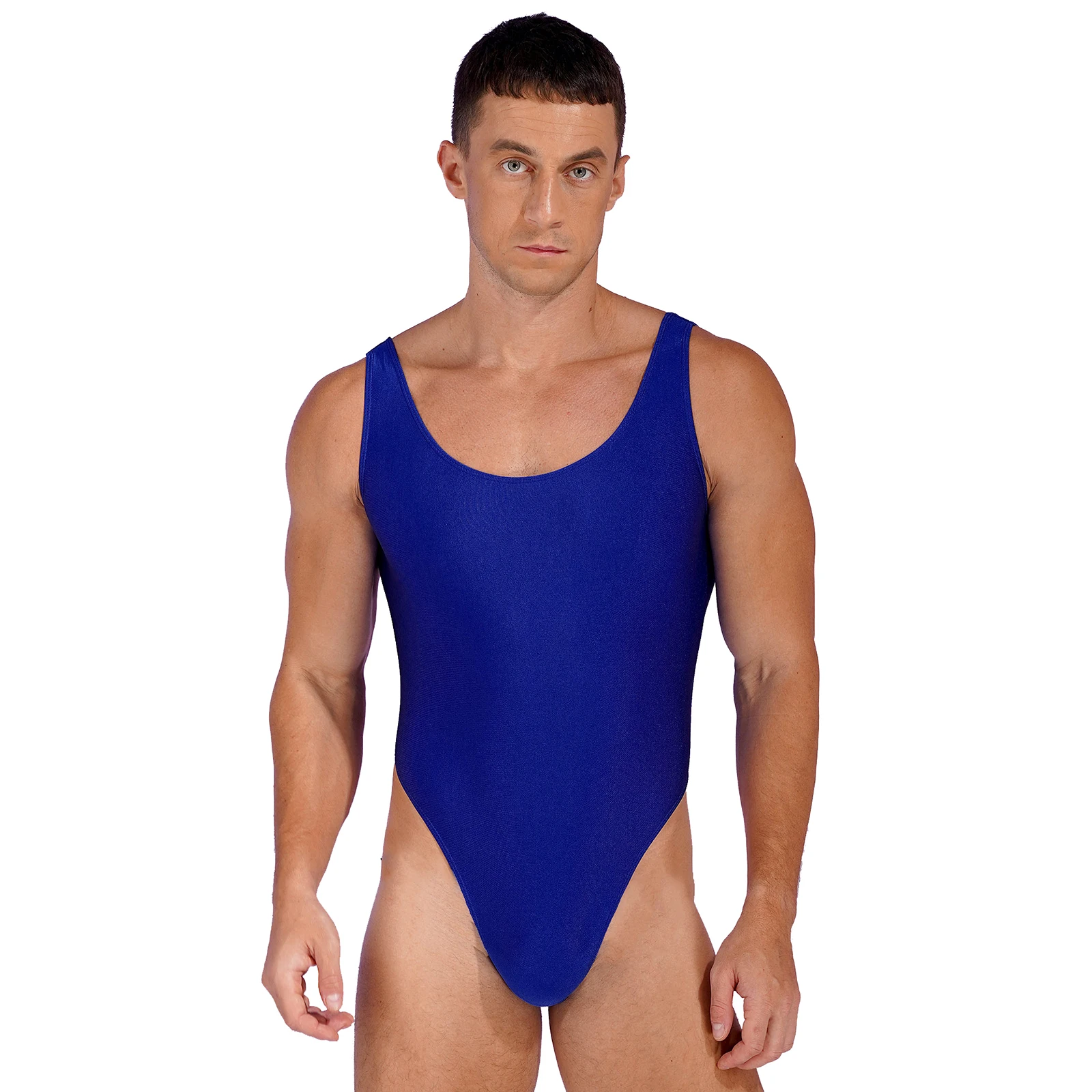 

Mens Fashion One-piece Swimsuits Dancewear Sleeveless Scoop Neck High Cut Bodysuit Low Back Stretch Solid Leotard Bathing Suits