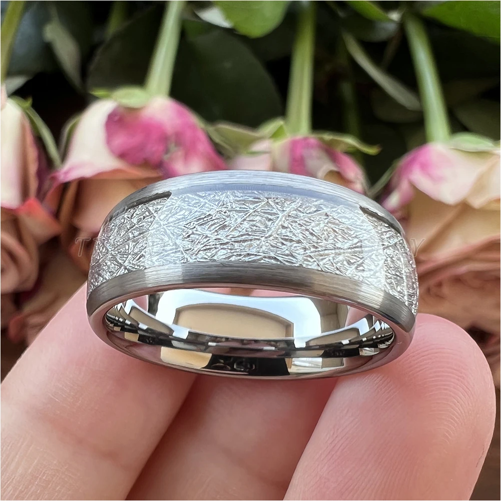 8 mm, 3 Farben, Meteorit-Inlay, Wolframkarbid-Ringe für Männer und Frauen, Ehering, gewölbtes, gebürstetes Finish, bequeme Passform – Detail 11